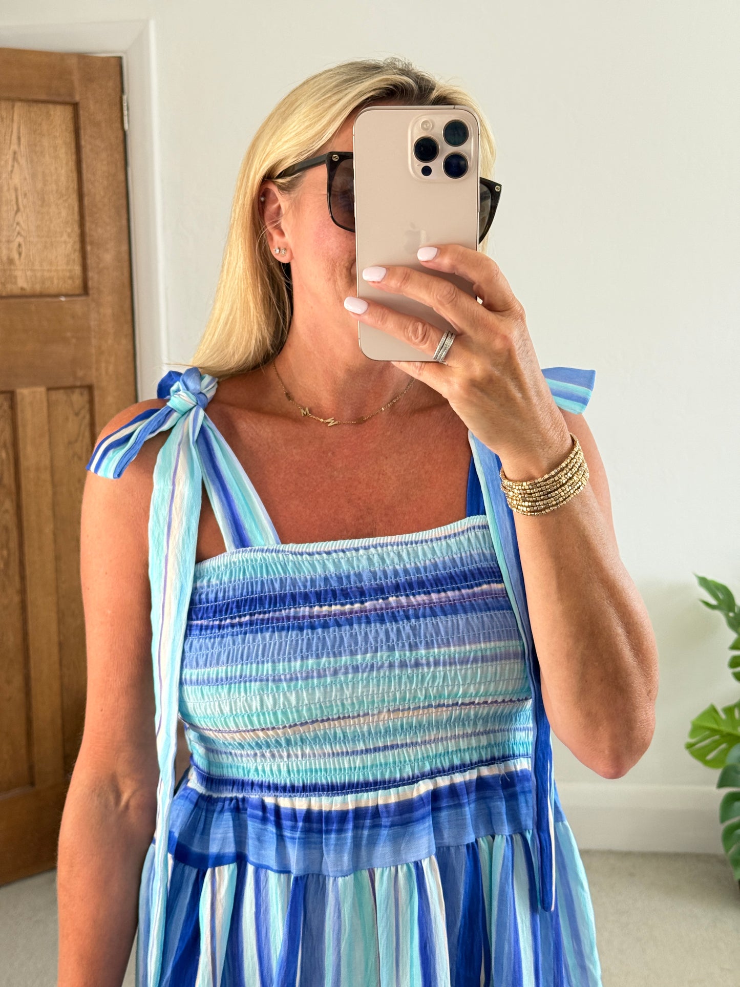 Turquoise Striped Shirred Dress