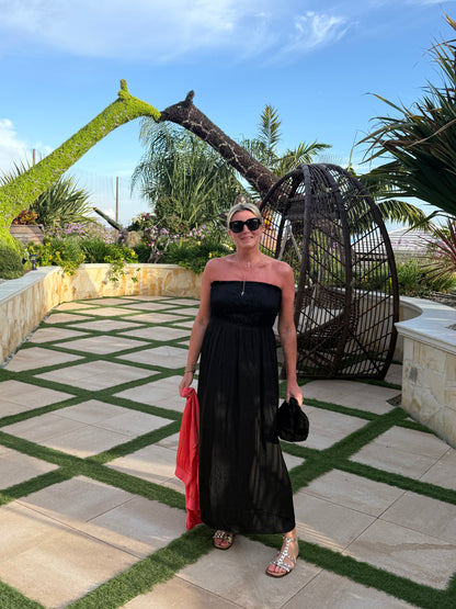 Black Strapless Shirred Dress