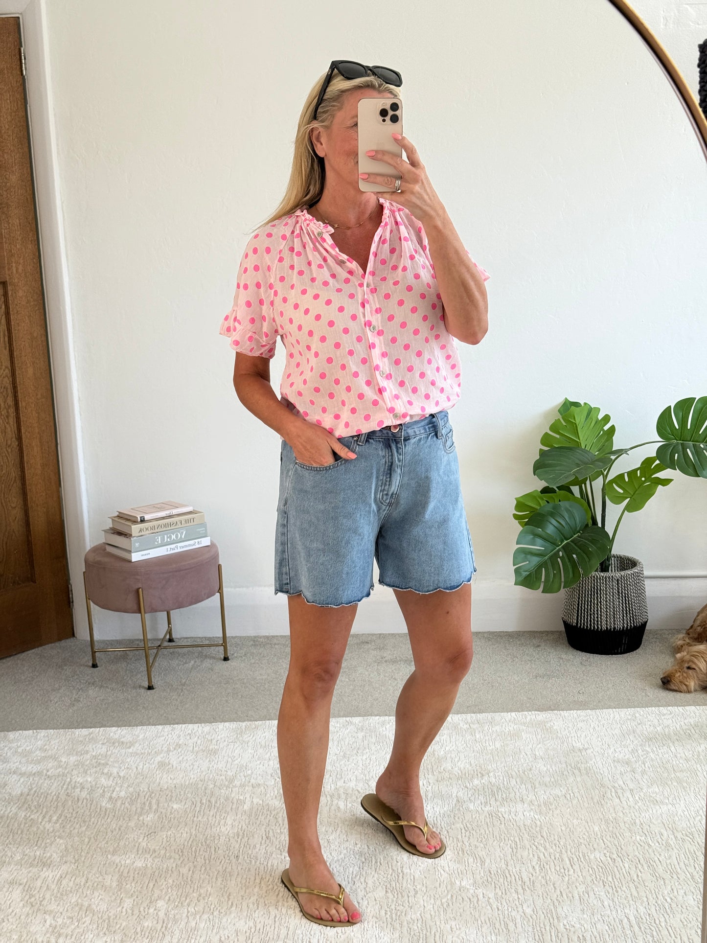 Hot Pink/Pink Polka Dot Frill Sleeve Blouse