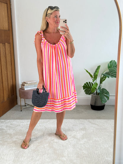 Pink/Orange Cheesecloth Stripe Tie Shoulder Dress
