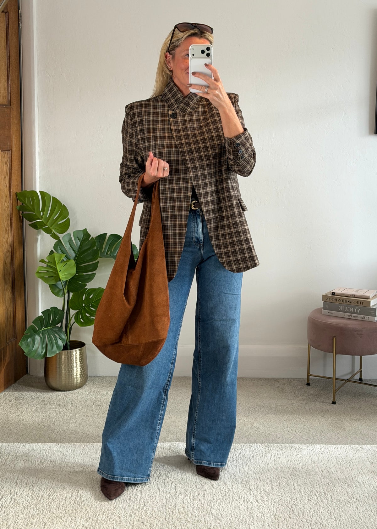 Taupe/Choc Check Asymmetric Button Blazer