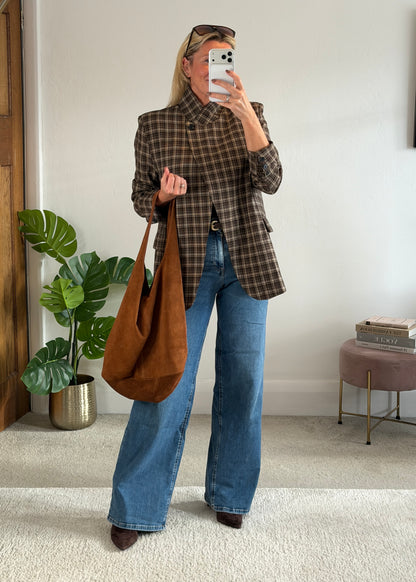 Taupe/Choc Check Asymmetric Button Blazer