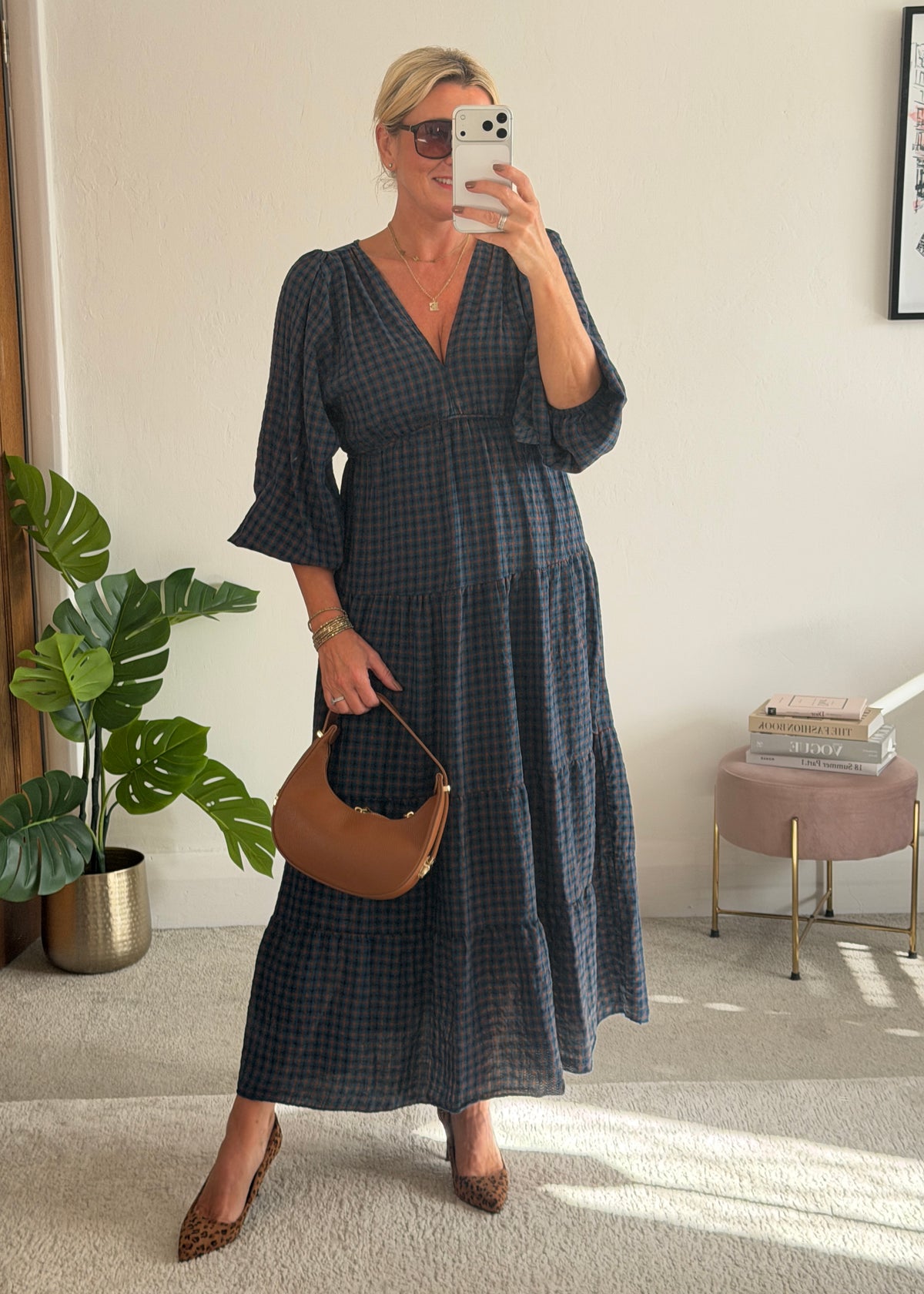 Navy Heritage Check V-Neck Tiered Dress