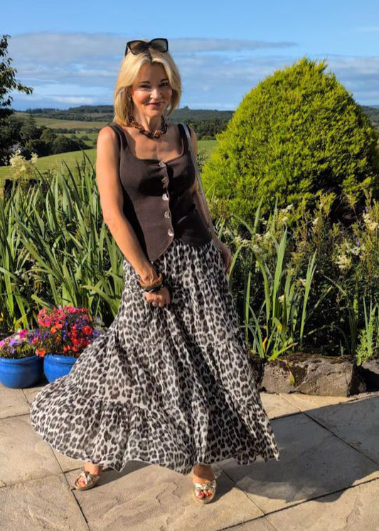 Natural Leopard Tiered Cotton Skirt