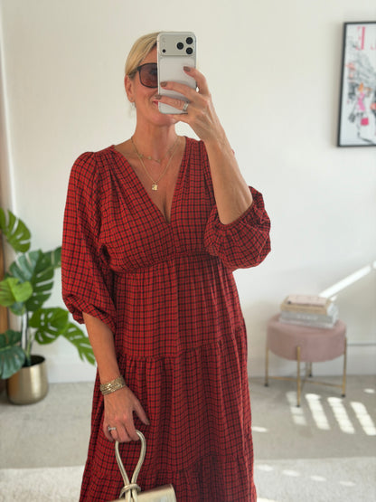 Red Heritage Check V-Neck Tiered Dress