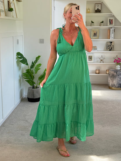 Kelly Green Tie Strap Tiered Maxi Dress