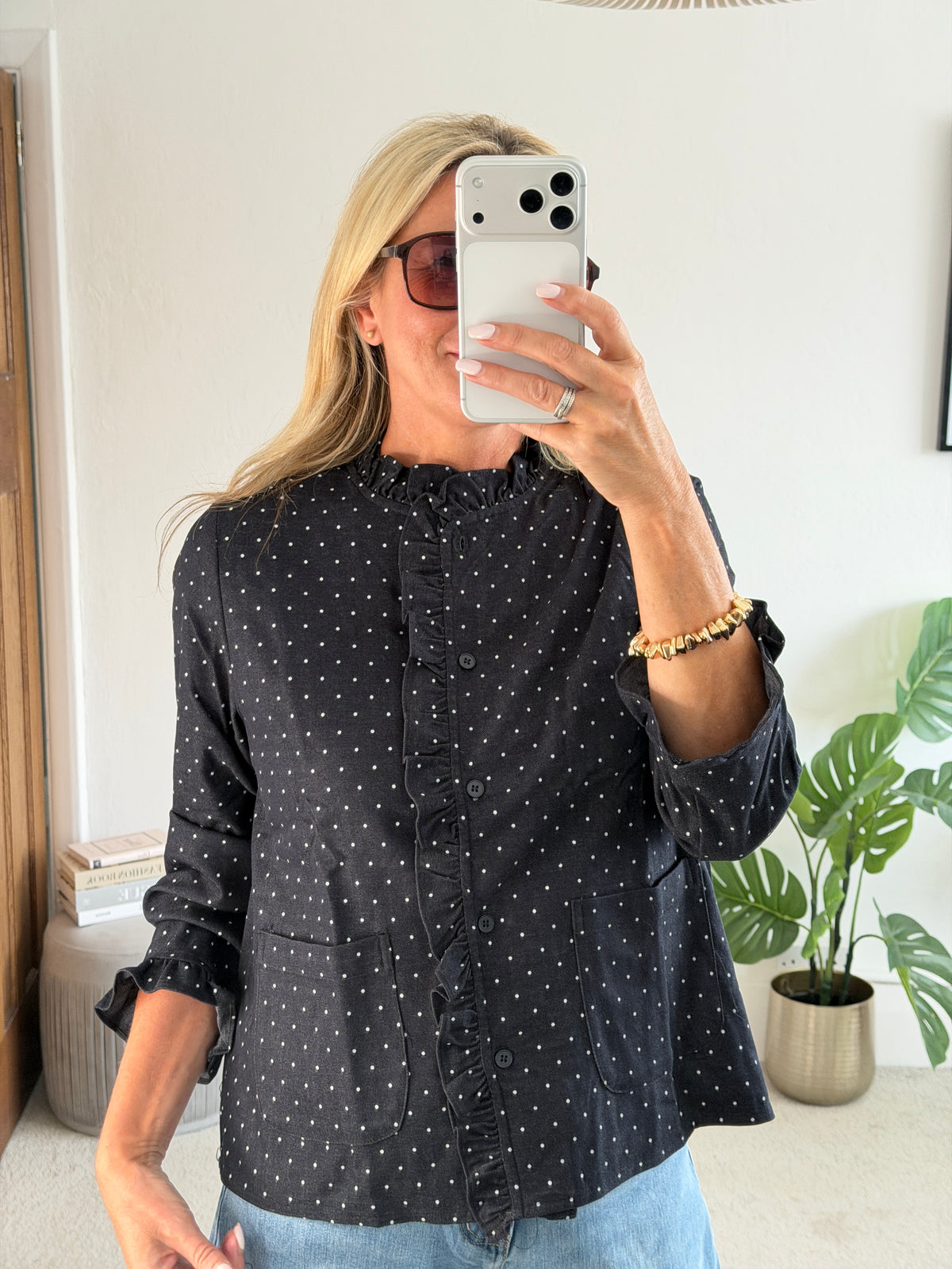 Navy Polka Dot Frill Shacket