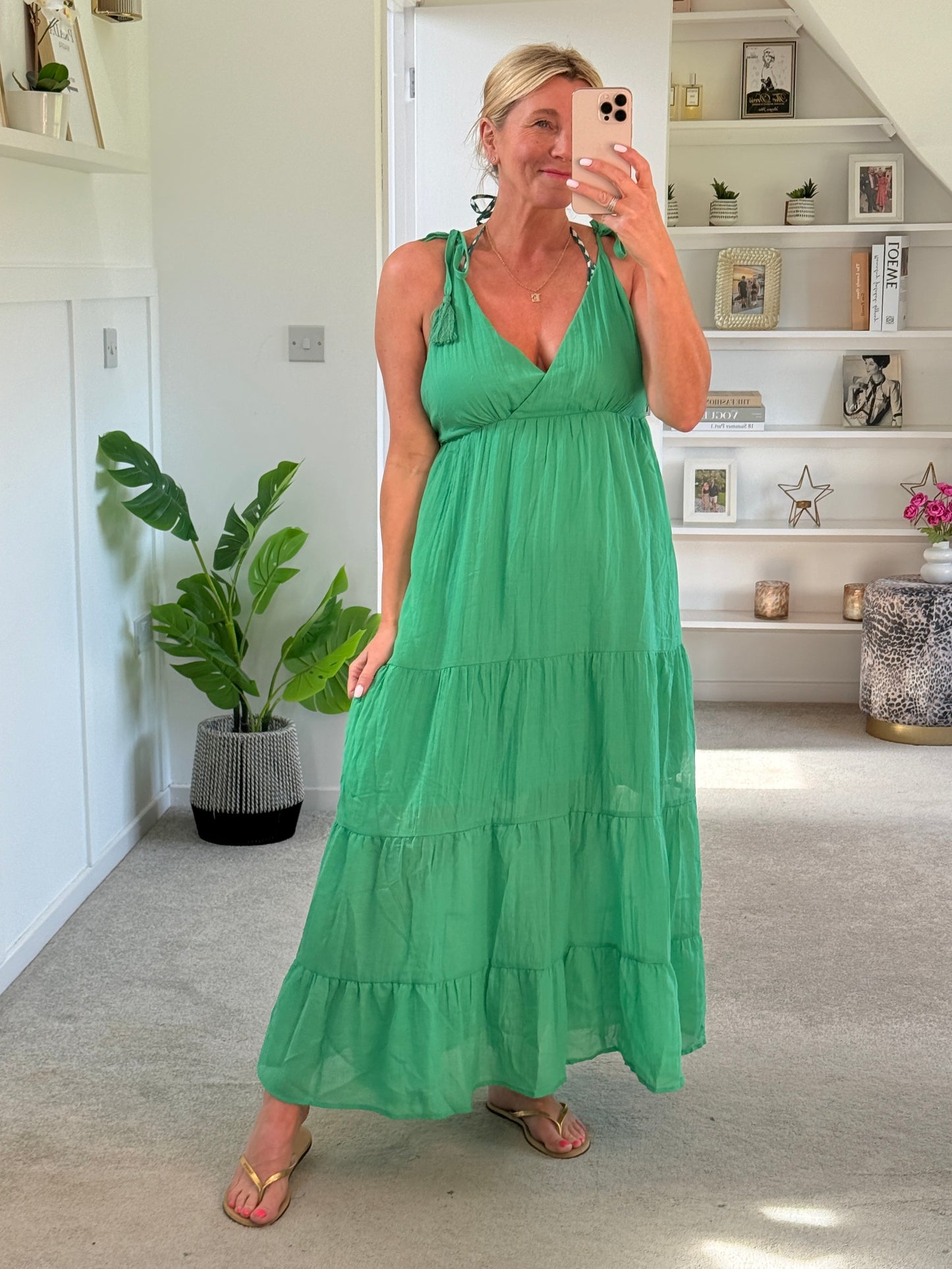 Kelly Green Tie Strap Tiered Maxi Dress