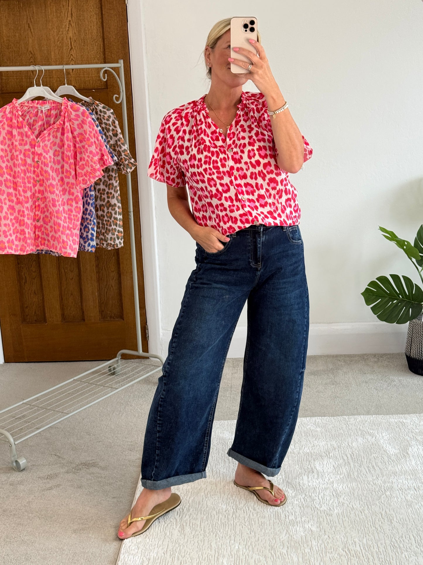 Red/Pink Leopard Frill Sleeve Blouse