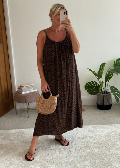 Chocolate Plaited Strap Leopard Maxi Dress 🐆