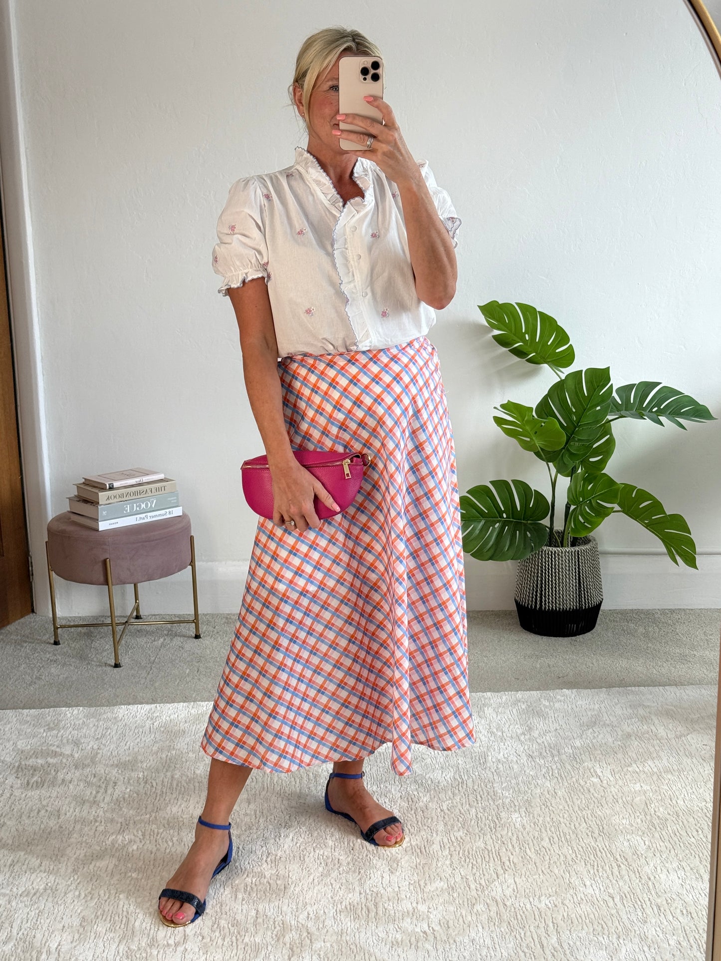 Orange/Blue Retro Check Flared Midi Skirt