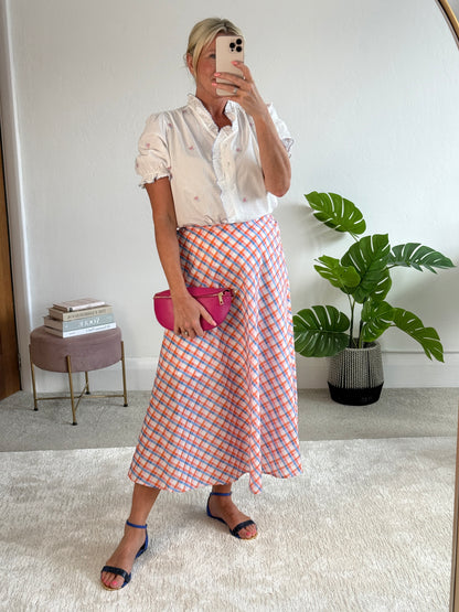 Orange/Blue Retro Check Flared Midi Skirt