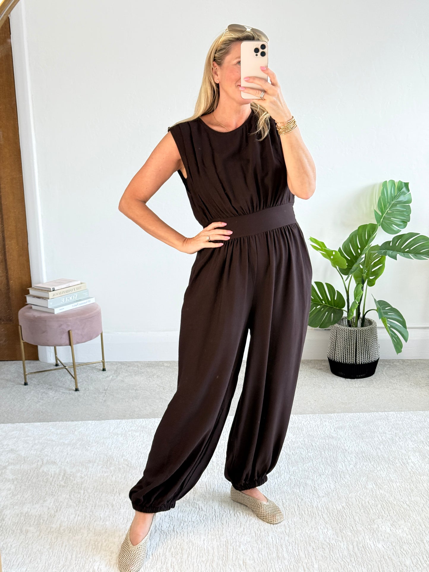 Chocolate Elasticated Sleeveless Harem Jumpsuit