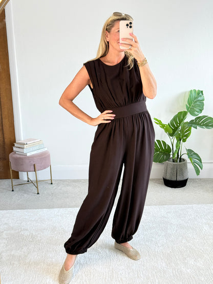 Chocolate Elasticated Sleeveless Harem Jumpsuit