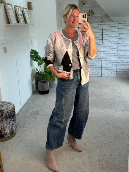 Oatmeal/Pink Argyle Crew Neck Cardigan