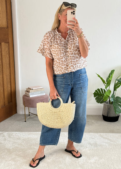 Beige Leopard Frill Sleeve Blouse