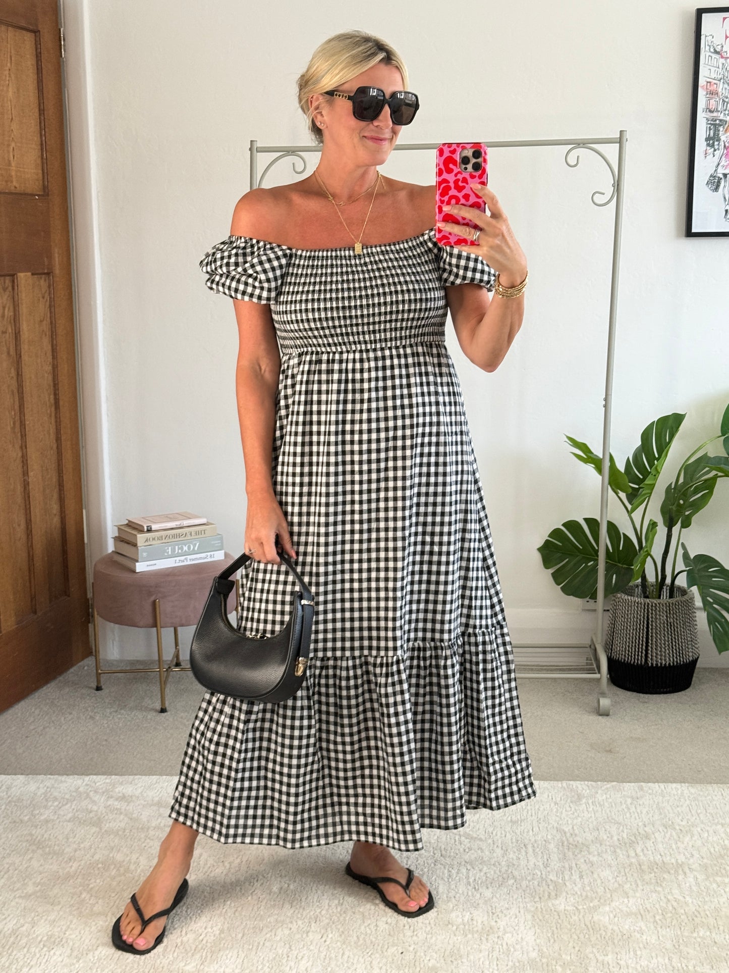 Black/White Gingham Bardot Maxi Dress