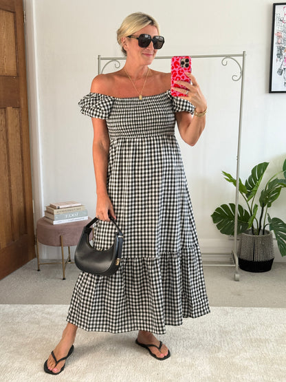 Black/White Gingham Bardot Maxi Dress