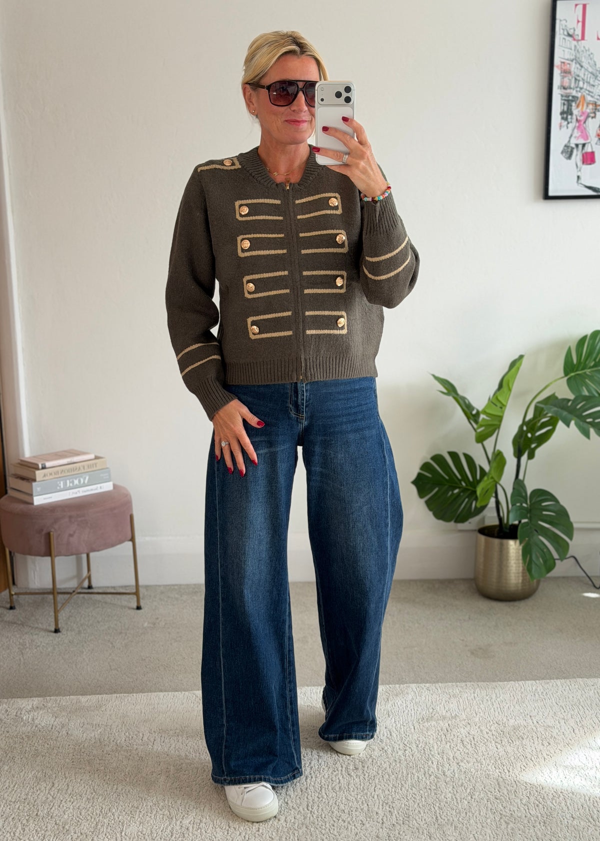 Khaki Military Zip Front Knitted Cardi