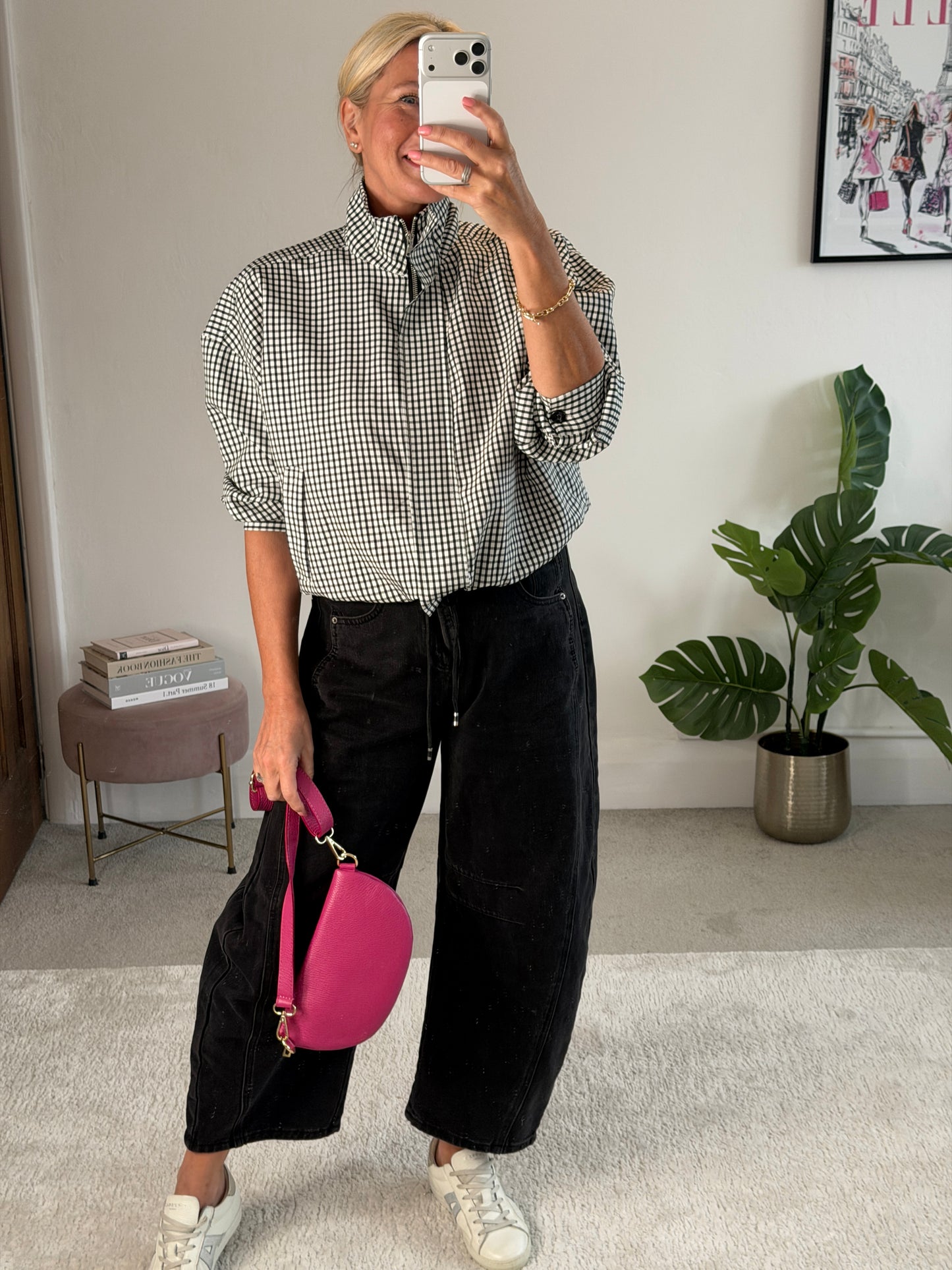 Black Check Funnel Neck Jacket