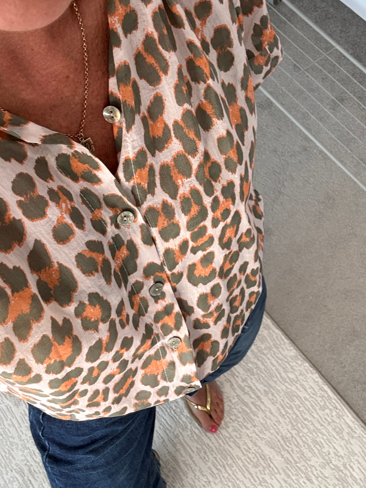 Khaki/Orange Leopard Frill Sleeve Blouse