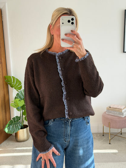 Chocolate/Blue Floral Frill Trim Cardigan