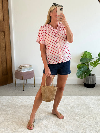 Red/Pink Polka Dot Frill Sleeve Blouse