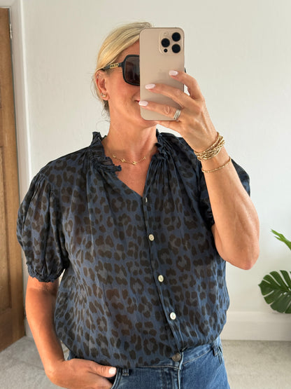 Navy Leopard Puff Sleeve Blouse