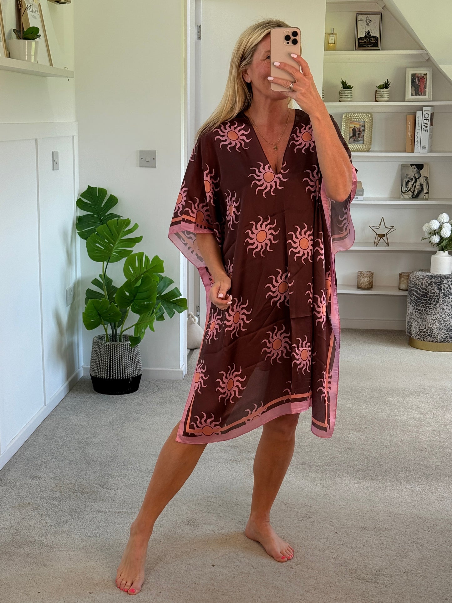 Lemon/Pink Sun Print Floaty Kaftan Dress