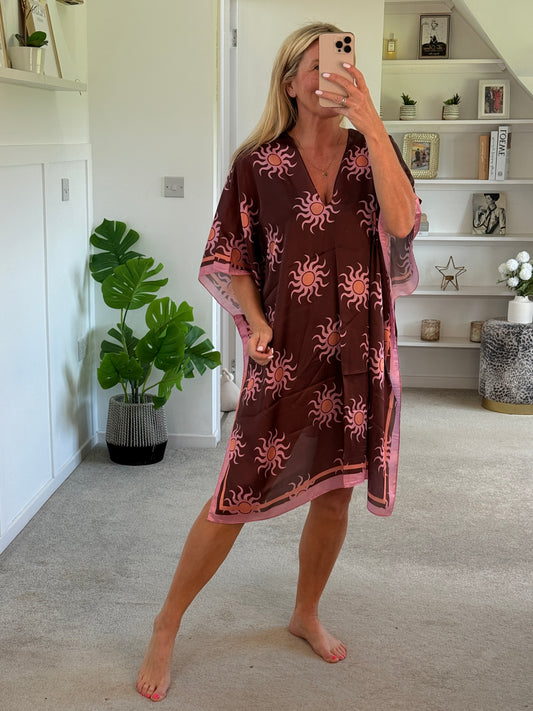 Brown/Pink Sun Print Floaty Kaftan Dress