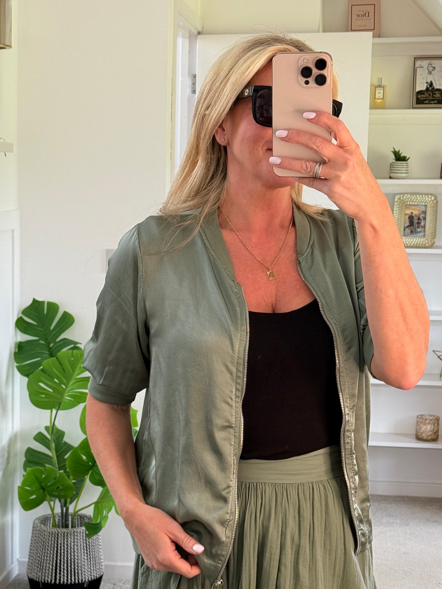 Khaki Silk Mix 1/2 Sleeve Bomber Jacket