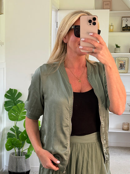 Khaki Silk Mix 1/2 Sleeve Bomber Jacket