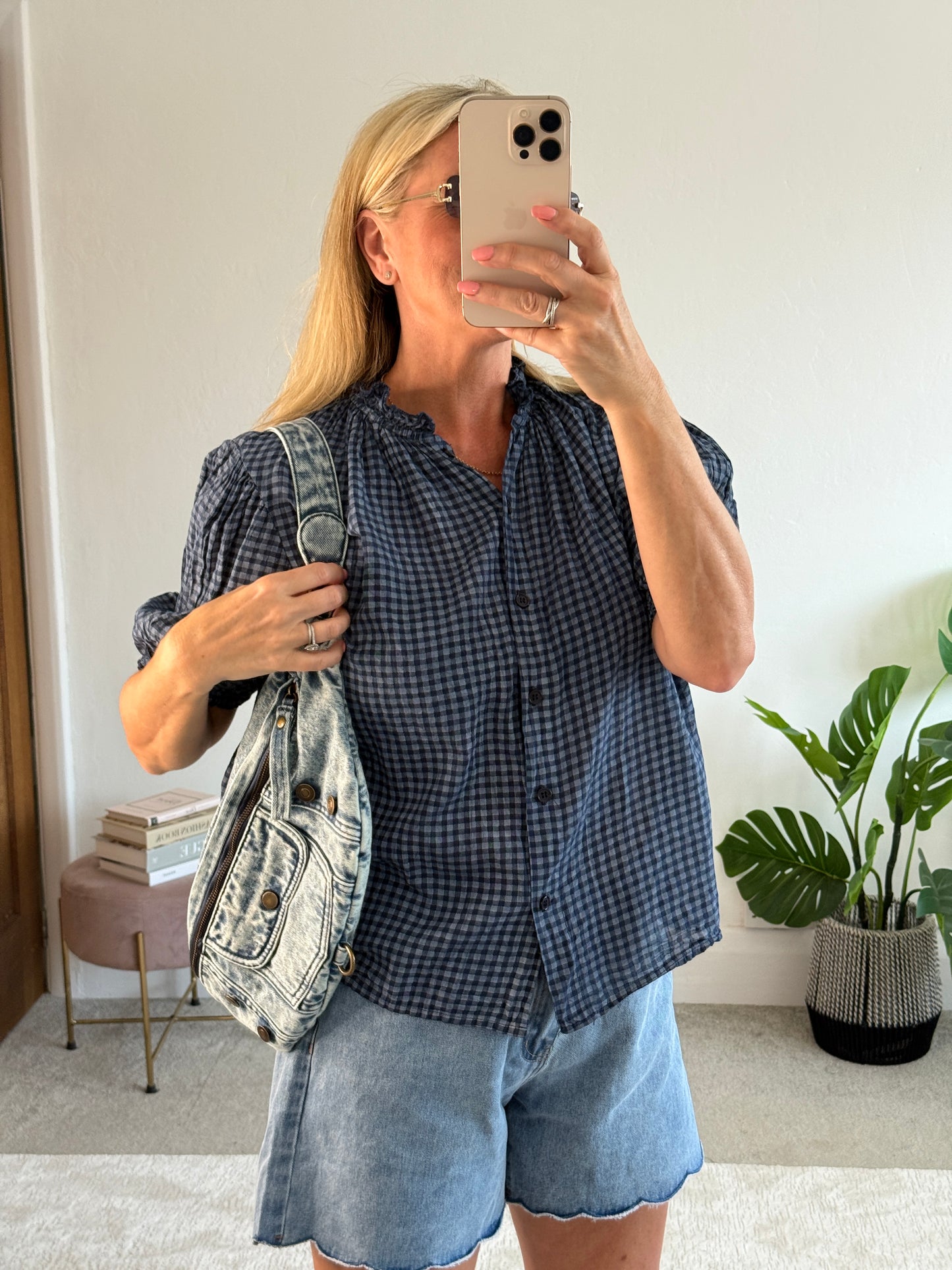 Navy Gingham Frill Sleeve Blouse