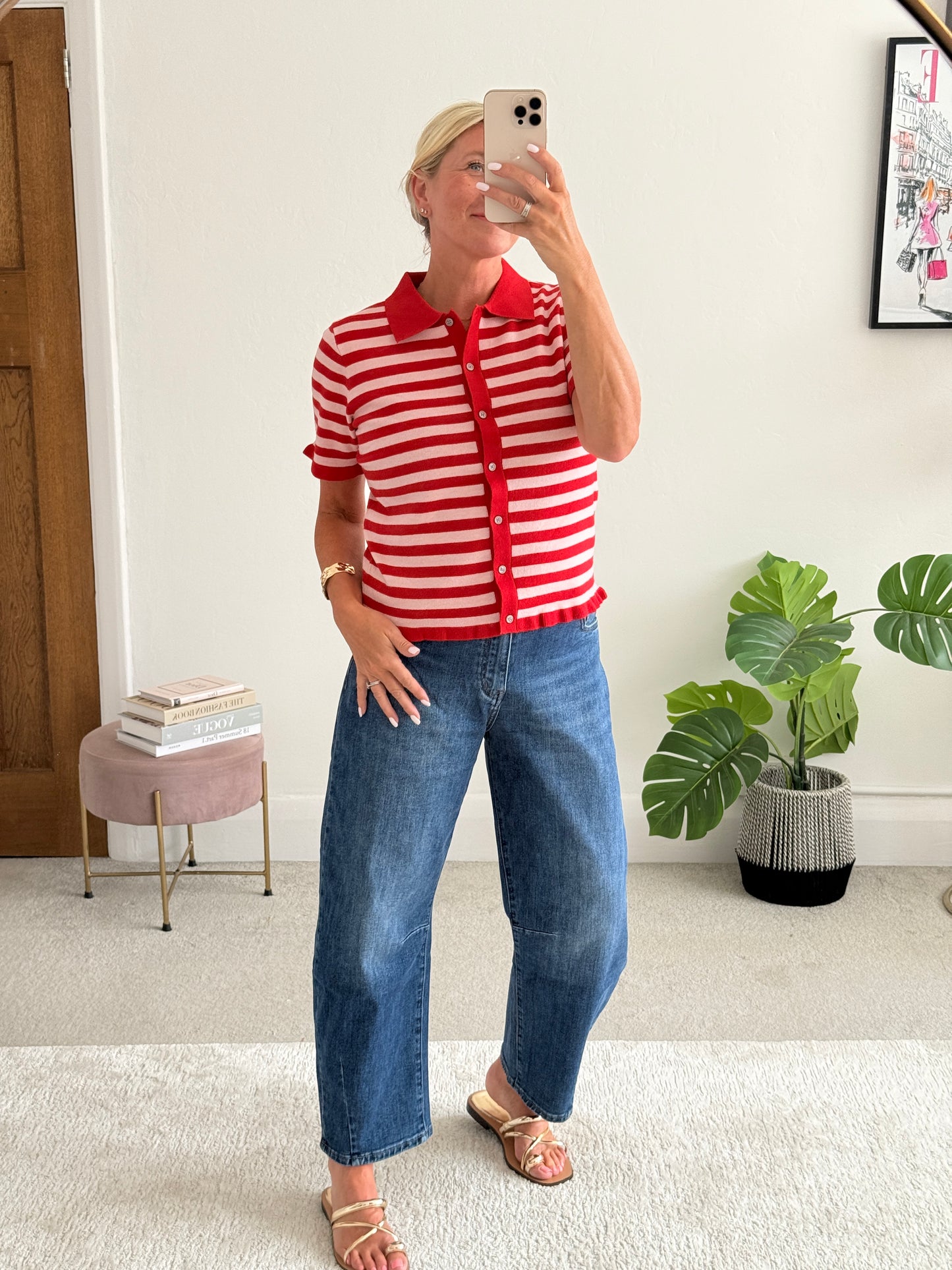 Pink/Red Stripe Knit Polo S/S Cardigan