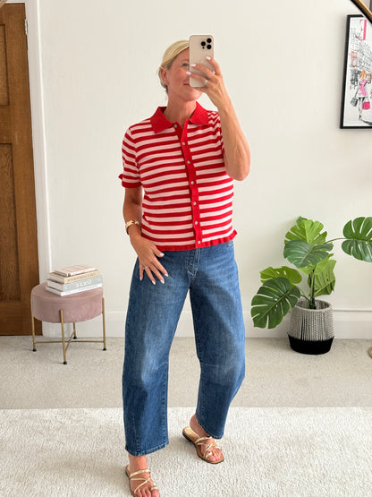 Pink/Red Stripe Knit Polo S/S Cardigan