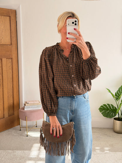 Mocha/Tan Heritage Check Frill Collar Blouse