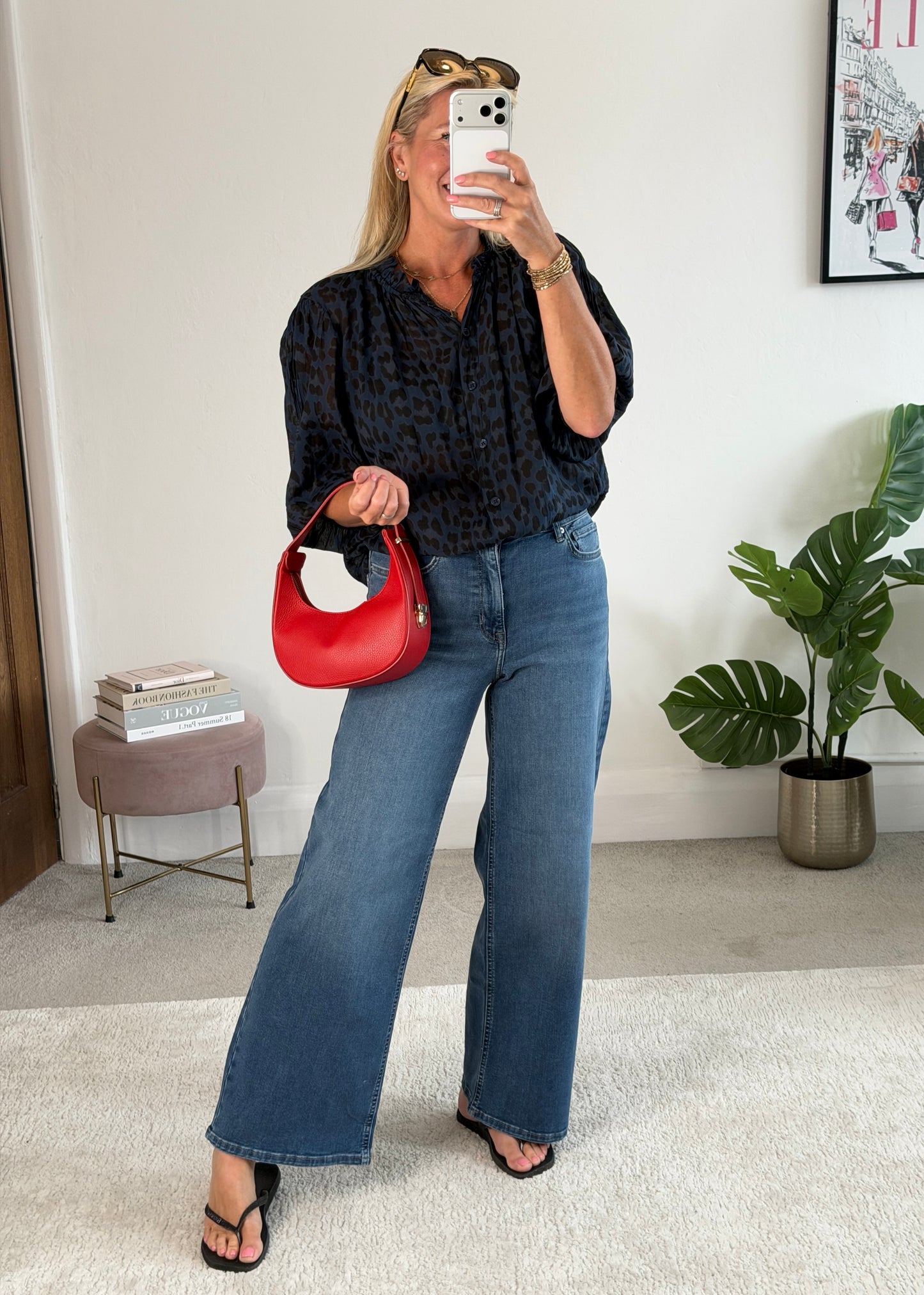 Navy Leopard 3/4 Puff Sleeve Blouse