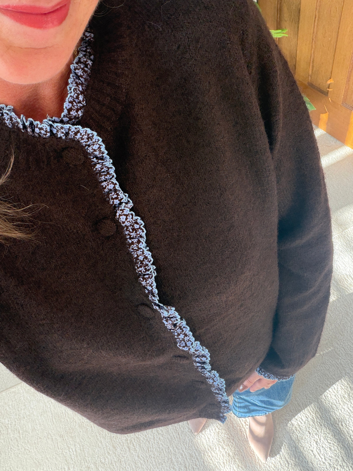Chocolate/Blue Floral Frill Trim Cardigan