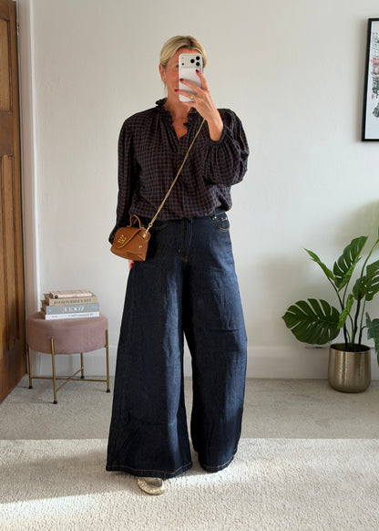 Navy Heritage Check Frill Collar Blouse