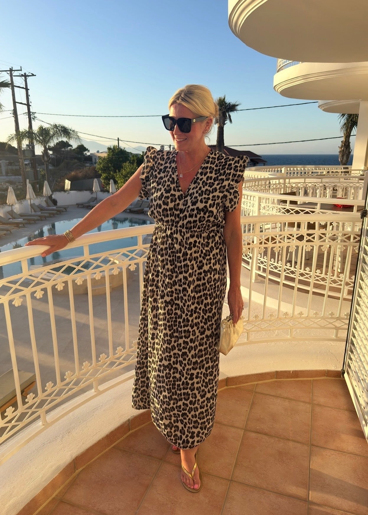 Cream Leopard Print Frill Sleeve Maxi Dress