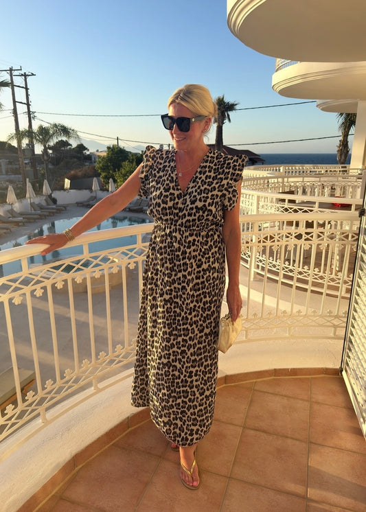 Cream Leopard Print Frill Sleeve Maxi Dress