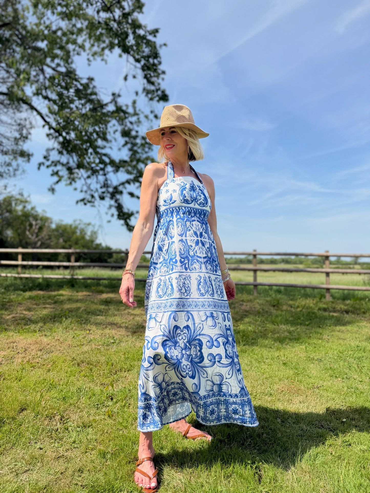 Blue Baroque Tie Strap Dress
