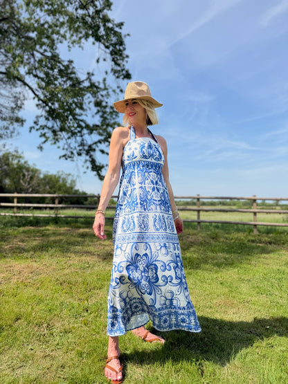 Blue Baroque Tie Strap Dress