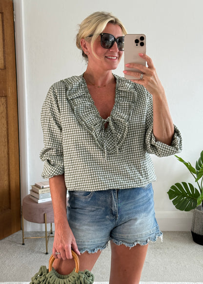 Khaki Gingham Ruffle Blouse