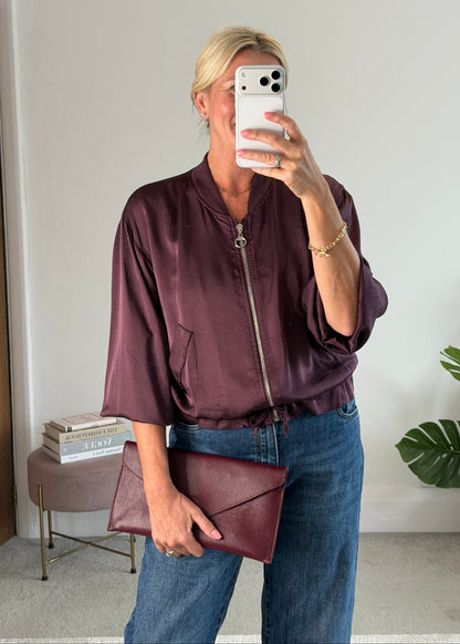 Plum Satin Drawstring Bomber Jacket