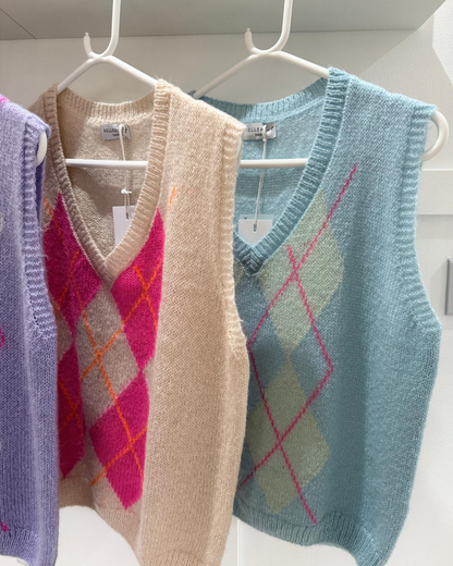 Blue/Pink Argyle V Neck Tank Top