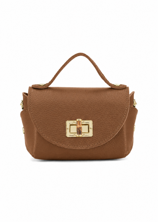 Dark Tan Bamboo Twist Lock Leather Mini Bag