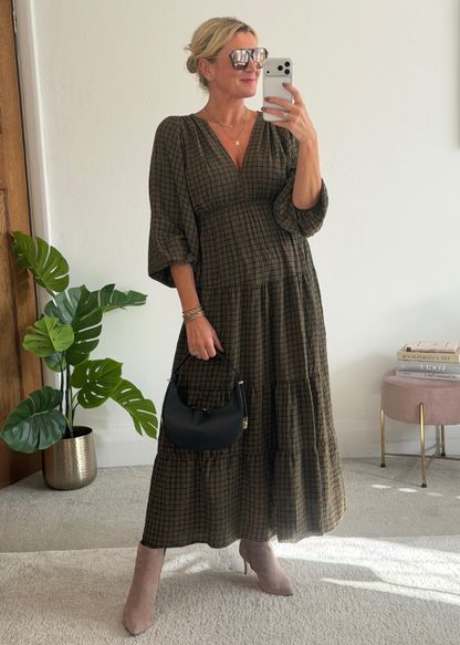 Navy Heritage Check V-Neck Tiered Dress