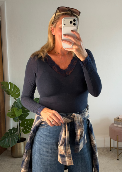 Plum Cashmere Mix Lace Trim Layering Top