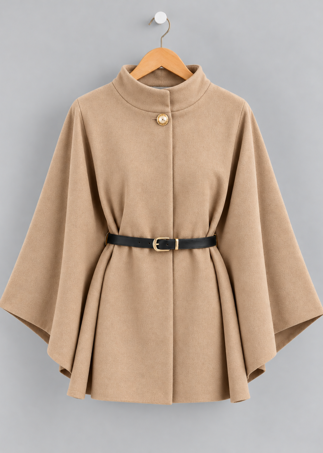 Black Funnel Neck Belted Cape Jacket